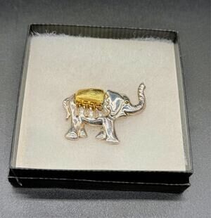 Elephant Brooch Pin Silver Gold Tone Saddle Dangle Beads Raised Trunk 2.25"